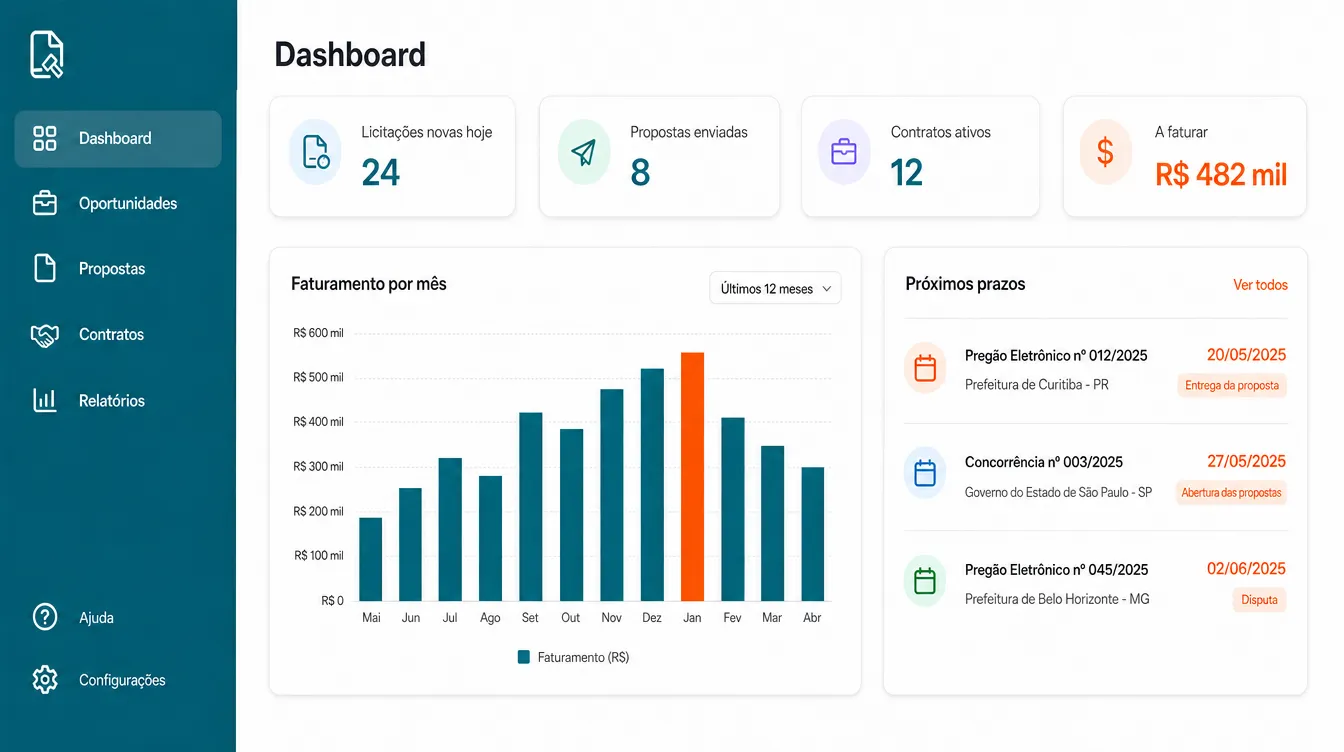 Dashboard do sistema: licitações novas do dia, propostas enviadas, contratos ativos, valor a faturar e gráfico de faturamento por mês