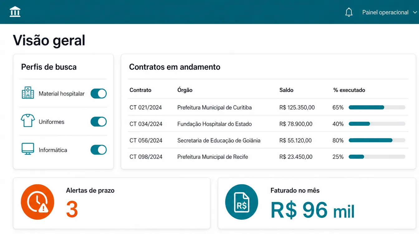 Painel de visão geral com perfis de busca, tabela de contratos em andamento com percentual executado, alertas de prazo e faturamento do mês